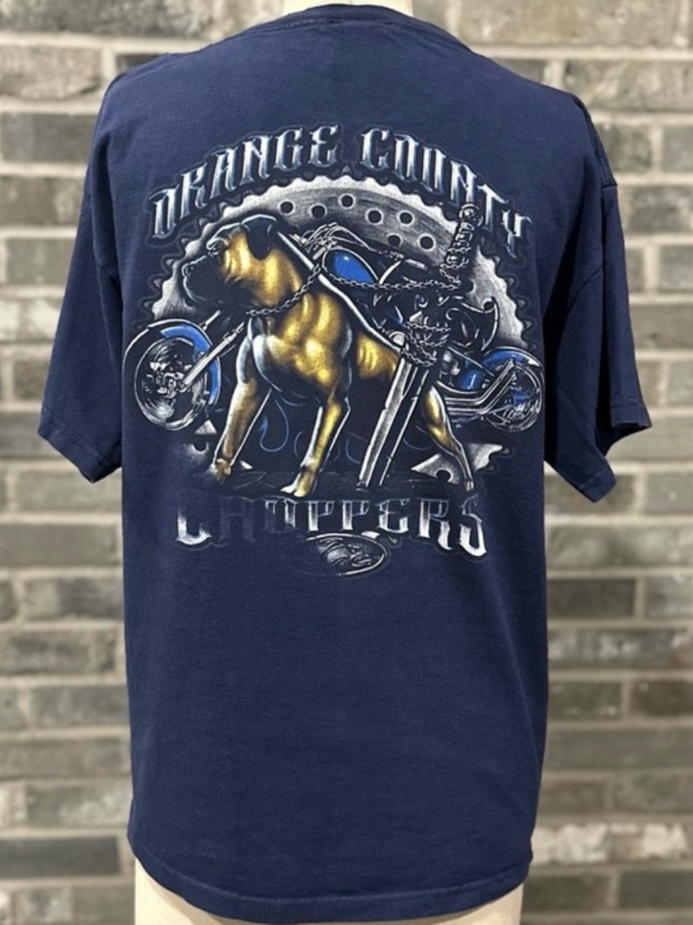 Y2K Orange County Choppers Pitbull Motorcycle Graphic T Shirt Blue Medium